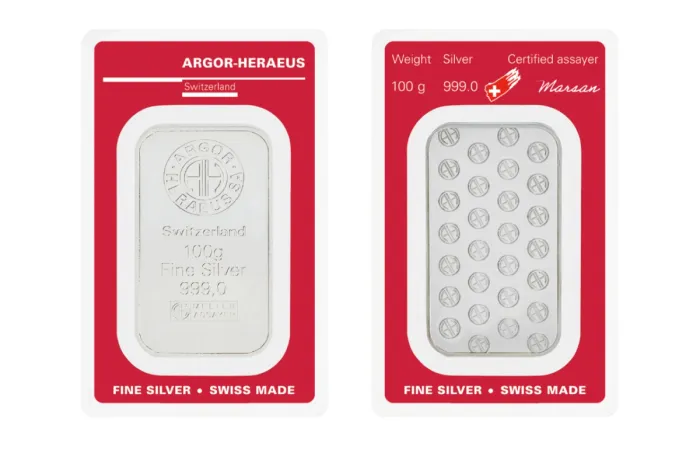Lingot d'argent 100 g — fonderie Argor-Heraeus
