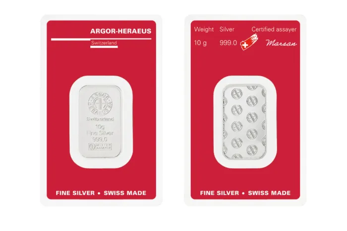 Lingot d'argent 10 g — fonderie Argor-Heraeus